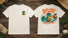 Surf T-Rex Good Vibes Big Waves Retro Surf Graphic T-Shirts and Hoodies