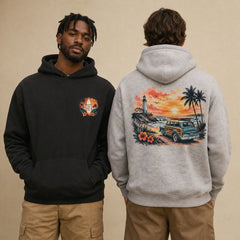 Sunset Beach Vintage Surf Wagon Graphic Apparel Collection (T-Shirts and Hoodies)