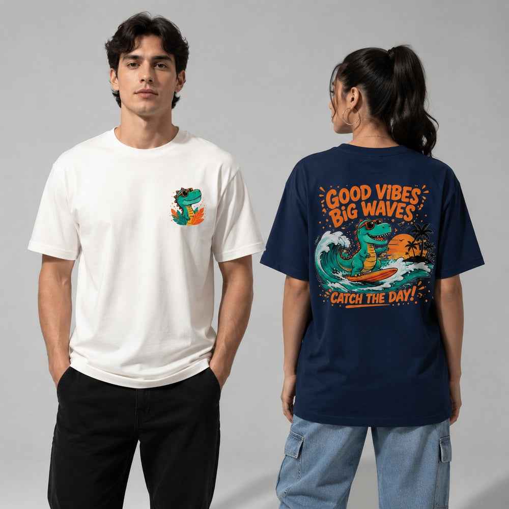 Surf T-Rex Good Vibes Big Waves Retro Surf Graphic T-Shirts and Hoodies