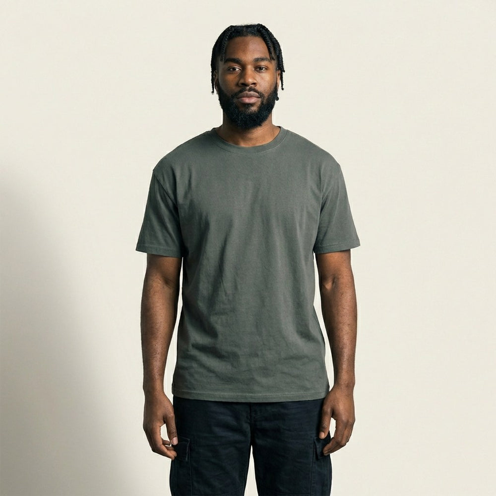 Man_wearing_premium_charcoal_grey_custom_team_t-shirt_front_view