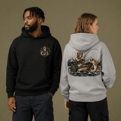 Ropa vintage con diseño de pescador esqueleto (camisetas y sudaderas con capucha)