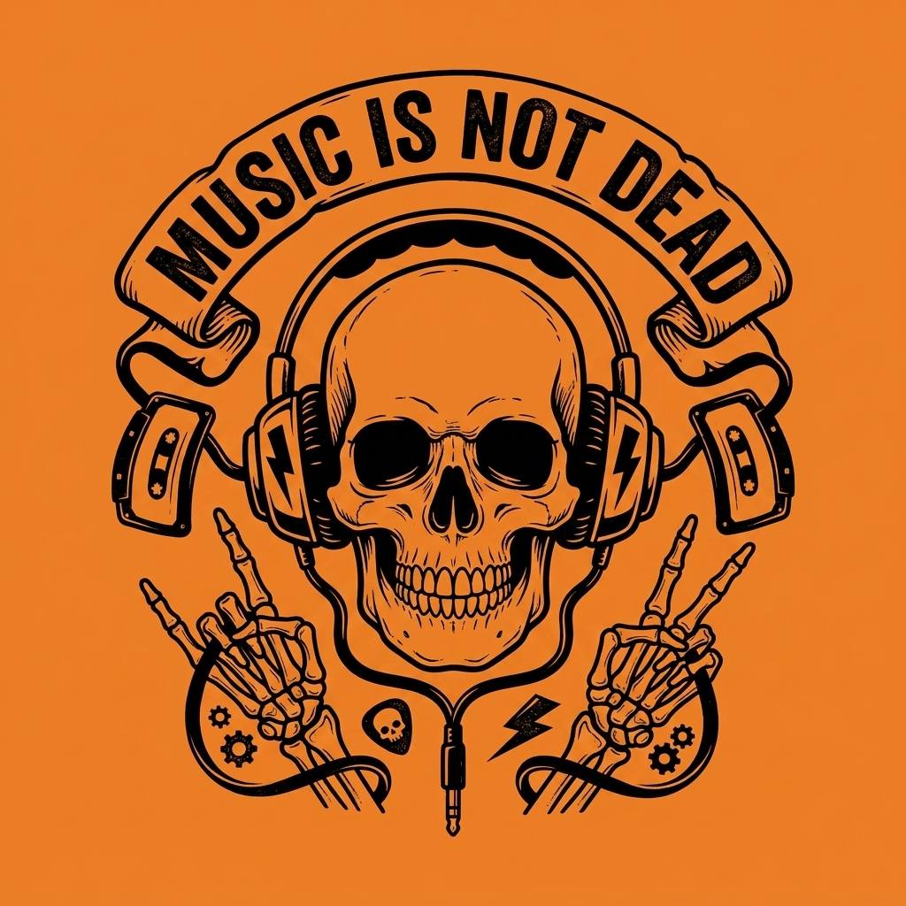 Music Is Not Dead Skull Headphones Rock Graphic T-Shirt