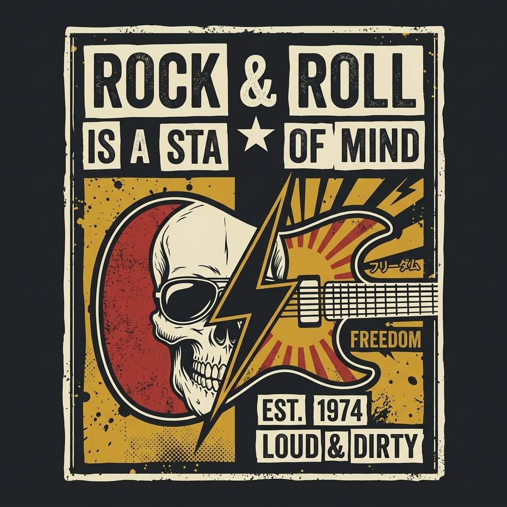 Rock & Roll Is A State Of Mind Vintage Skull Graphic T-Shirt