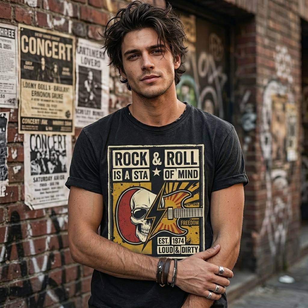 Rock & Roll Is A State Of Mind Vintage Skull Graphic T-Shirt