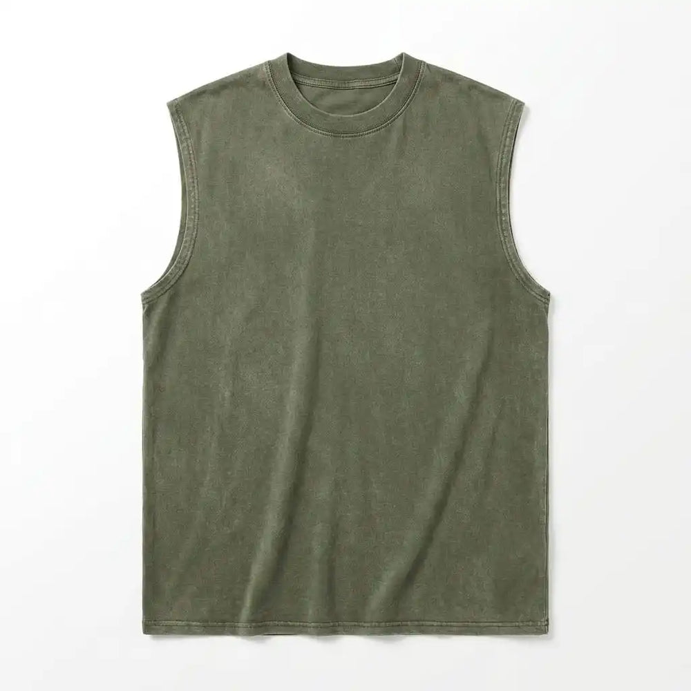 Army Green vintage washed sleeveless tee - flat lay