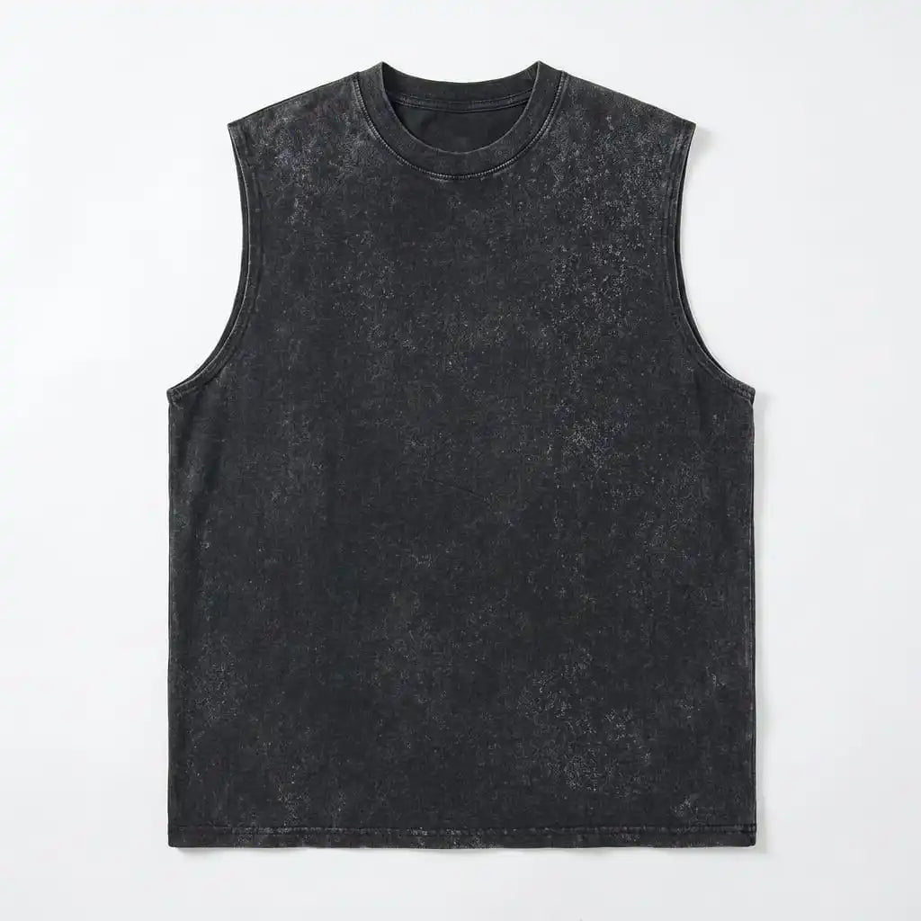 Black vintage washed sleeveless tee - flat lay