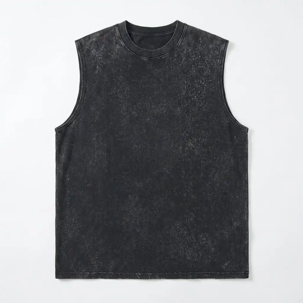 Black vintage washed sleeveless tee - flat lay