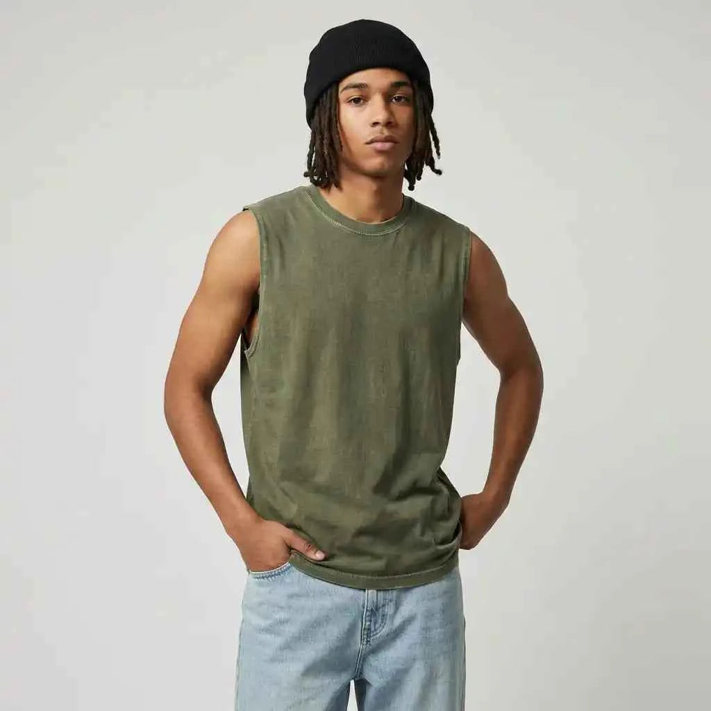 Vintage Washed Distressed Sleeveless Tee | 230g Heavyweight Cotton Muscle Tank