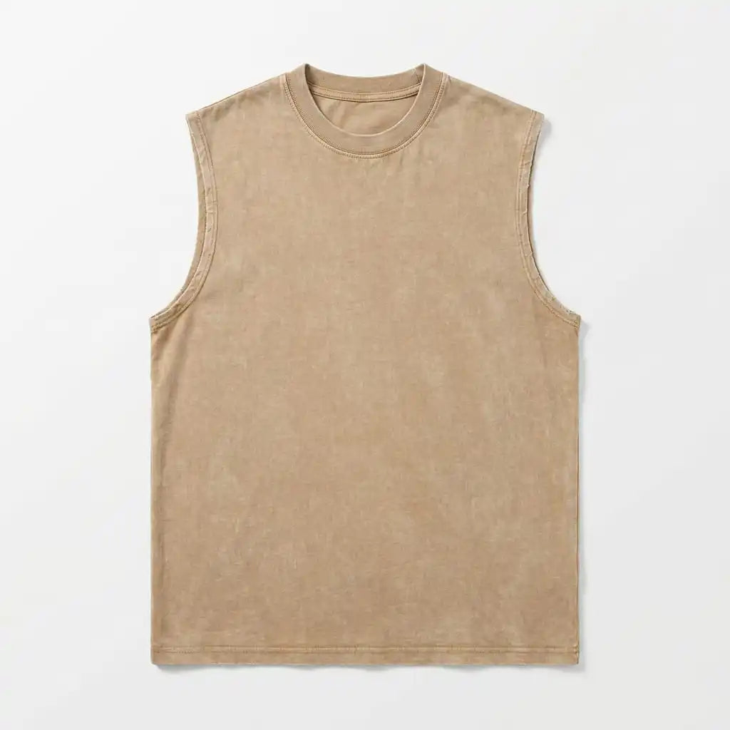 Khaki vintage washed sleeveless tee - flat lay