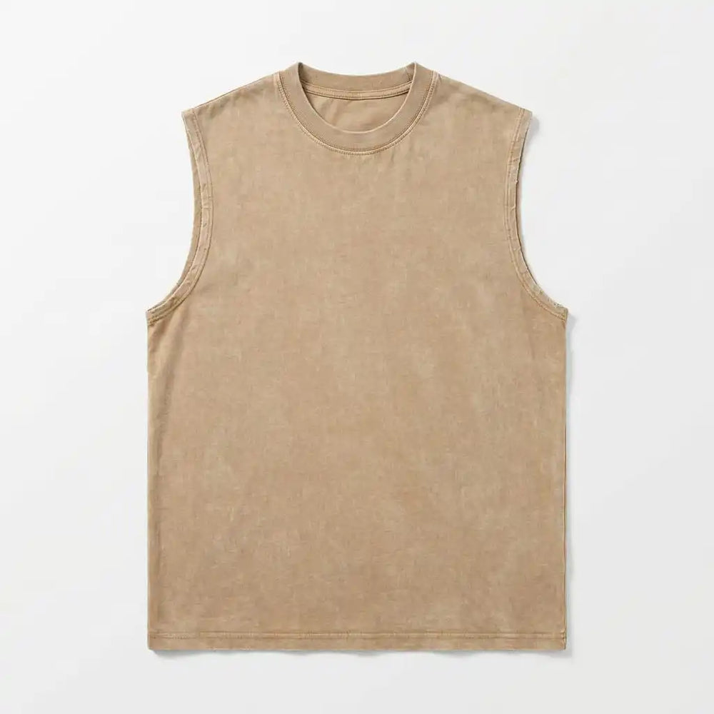Khaki vintage washed sleeveless tee - flat lay
