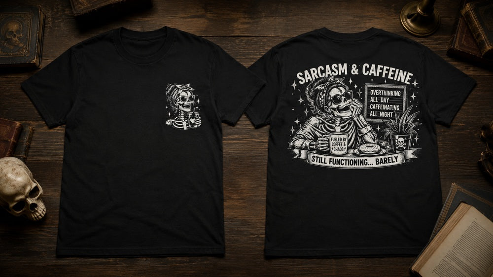 Sarcasm and Caffeine Skeleton Streetwear Graphic Tees and Hoodies