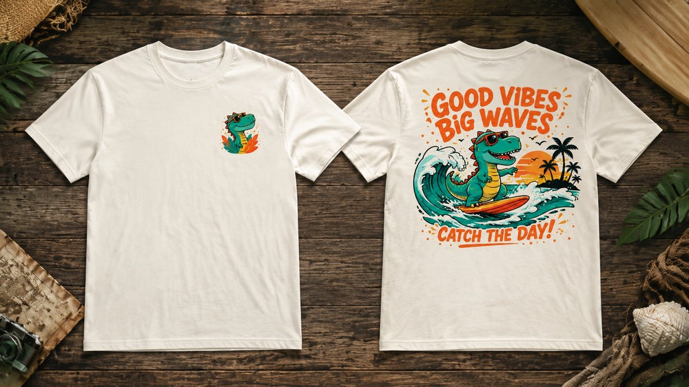 Surf T-Rex Good Vibes Big Waves Retro Surf Graphic T-Shirts and Hoodies