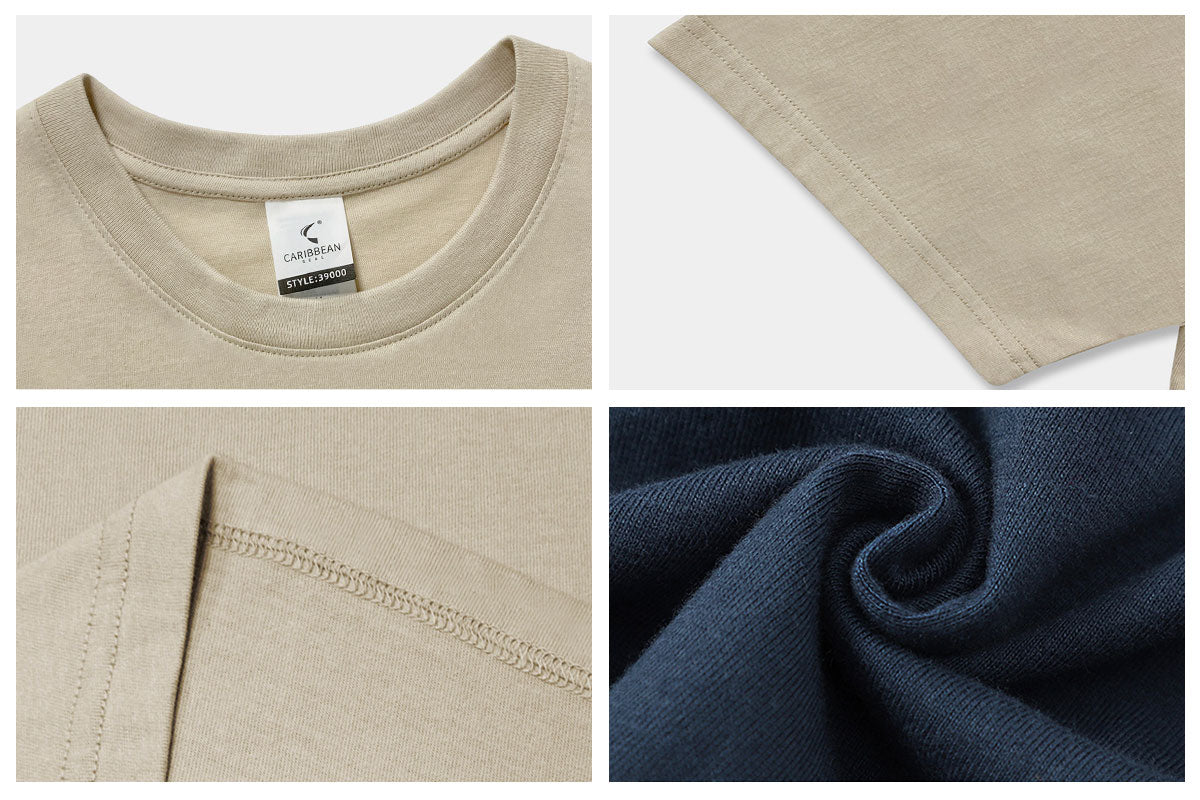 Close up of double-needle stitching on 145gsm cotton tee ensuring durability
