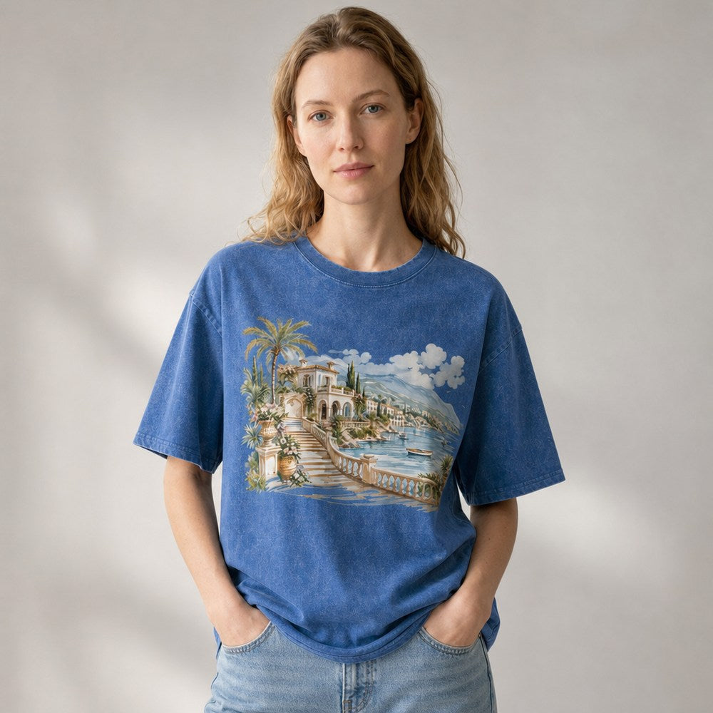 Mediterranean Villa Coastal Escape Vista Graphic Apparel Collection