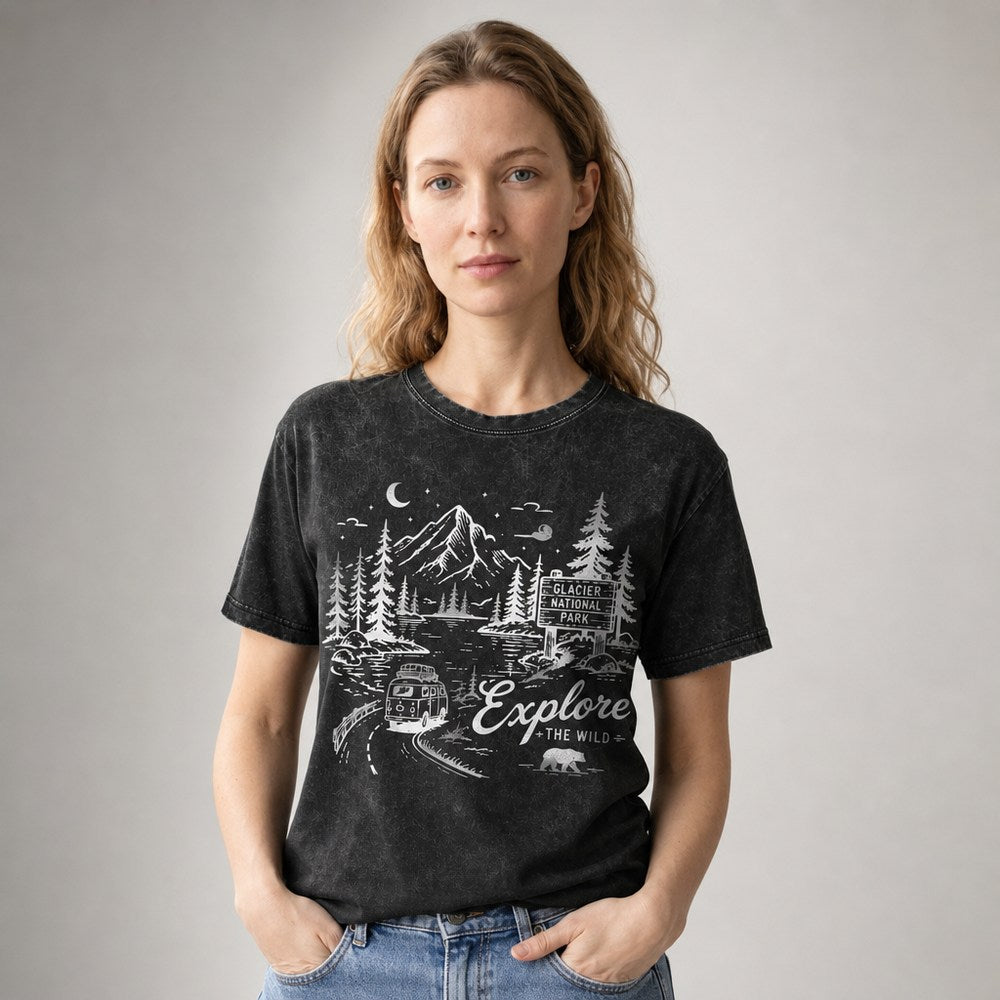 Explore The Wild Glacier National Park Camper Van Graphic Apparel Collection