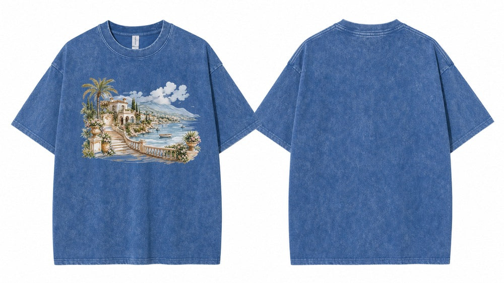 Mediterranean Villa Coastal Escape Vista Graphic Apparel Collection