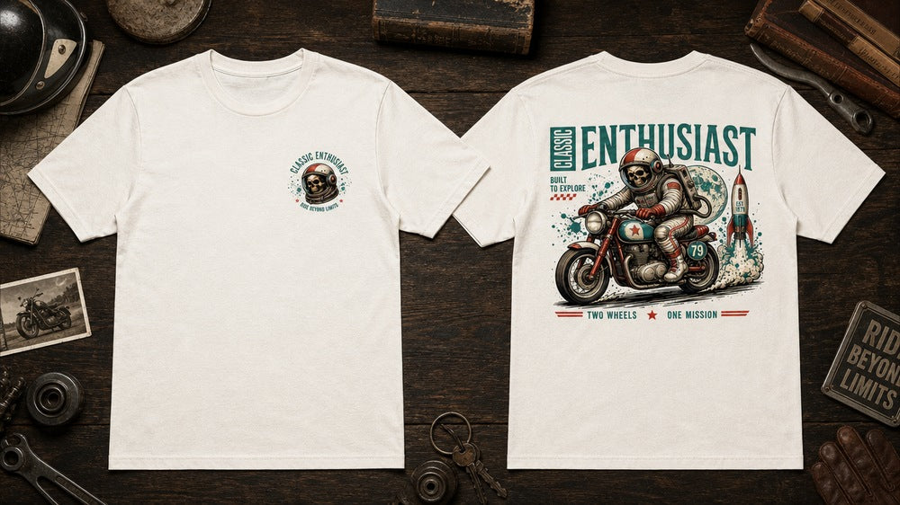 Skull Astronaut Vintage Motorcycle Cosmic Graphic Apparel Collection