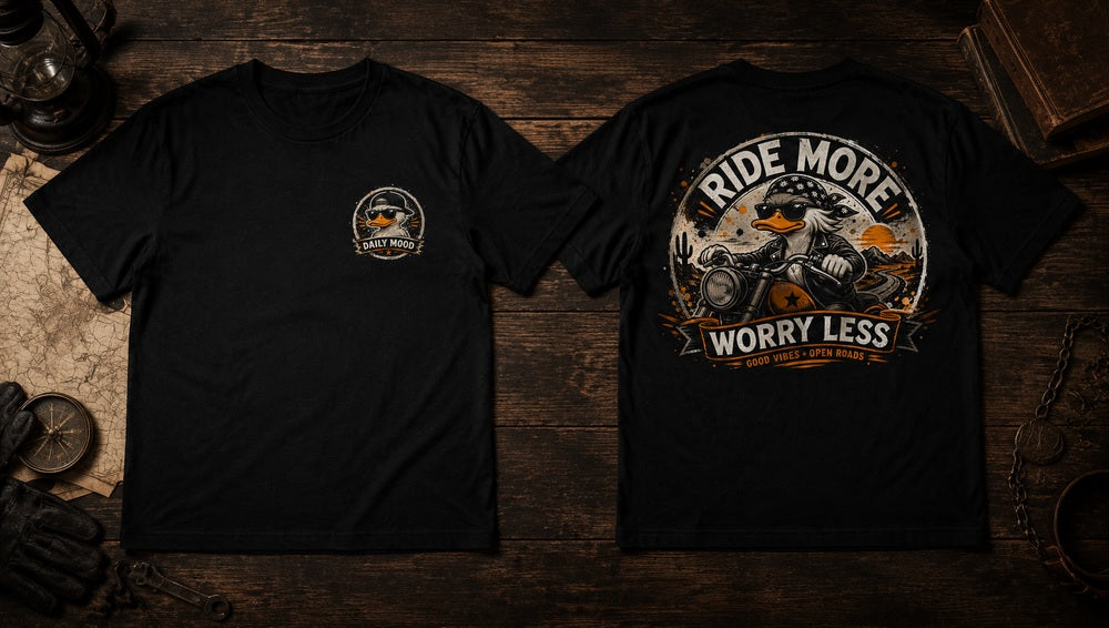 Ride More Worry Less Biker Duck Graphic Apparel Collection