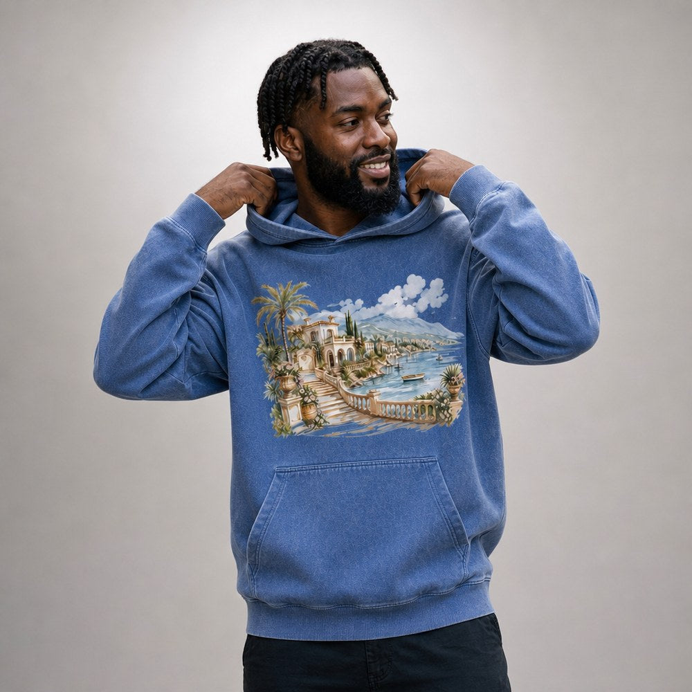 Mediterranean Villa Coastal Escape Vista Graphic Apparel Collection