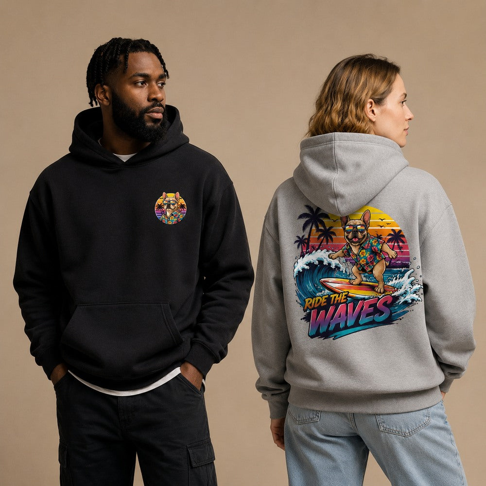 Retro Summer Bulldog Surf Graphic Apparel Collection (T-Shirts and Hoodies)