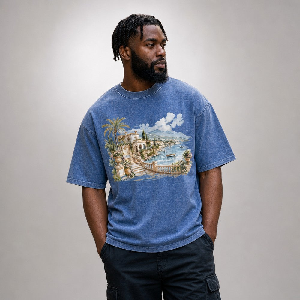 Mediterranean Villa Coastal Escape Vista Graphic Apparel Collection