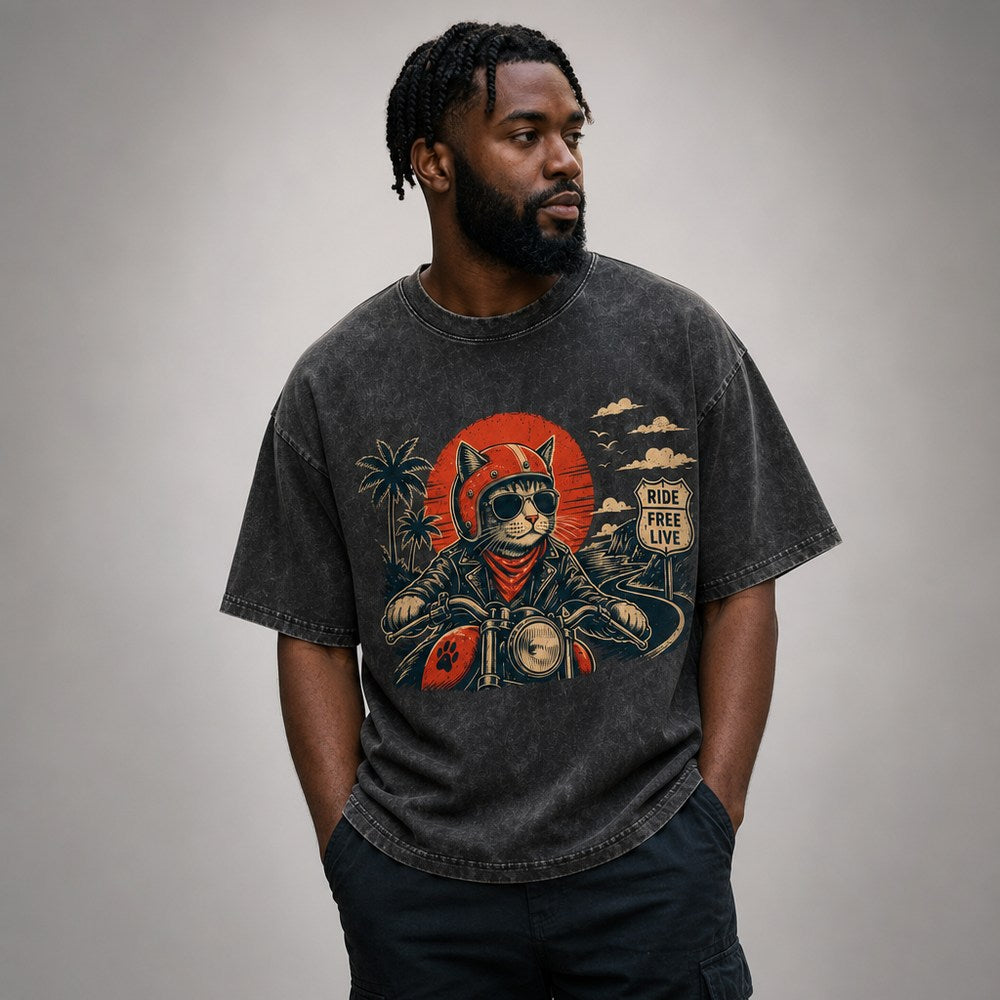 Cool DJ Cat Motorcycle Ride Free Sunset Graphic Apparel Collection