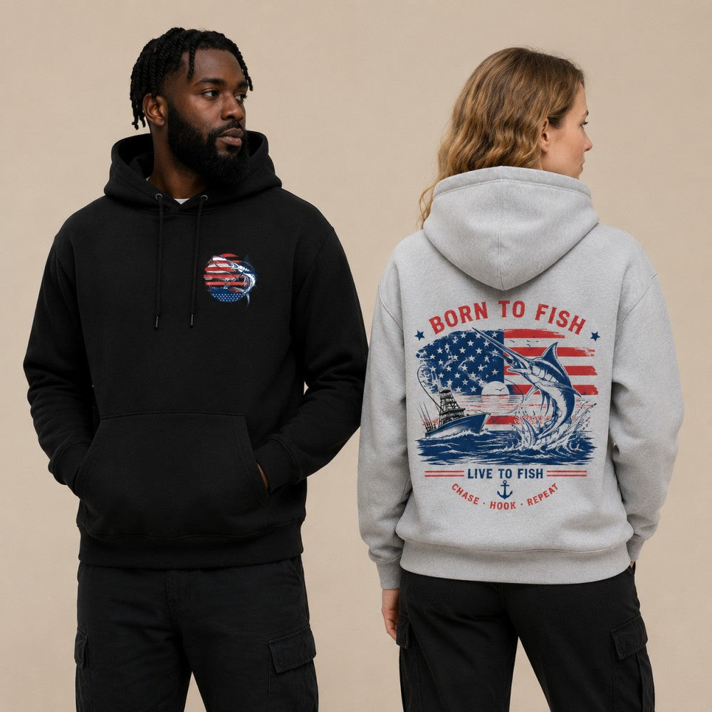 Patriotic Born To Fish Marlin Graphic Hoodies & T-Shirts