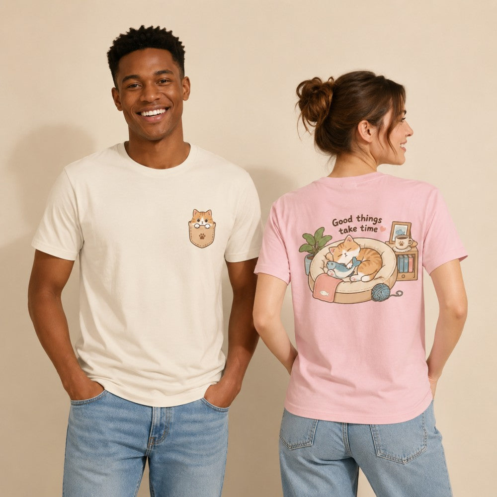 Good Things Take Time Cozy Cat Graphic Apparel Collection