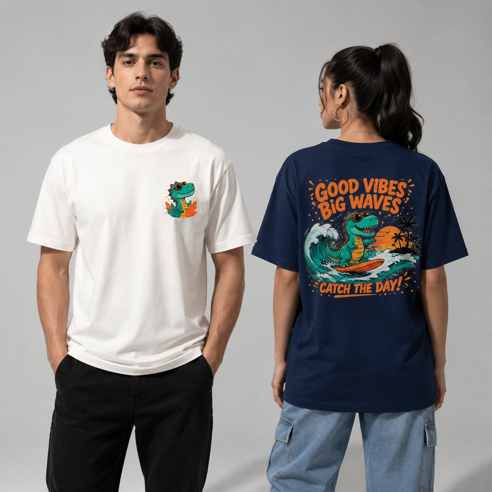 Surf T-Rex Good Vibes Big Waves Retro Surf Graphic T-Shirts and Hoodies