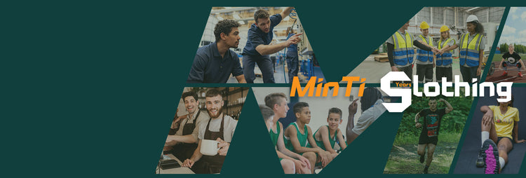 MinTi Clothing banner showcasing custom team wear and personalized uniforms for industrial, hospitality, construction, and sports sectors