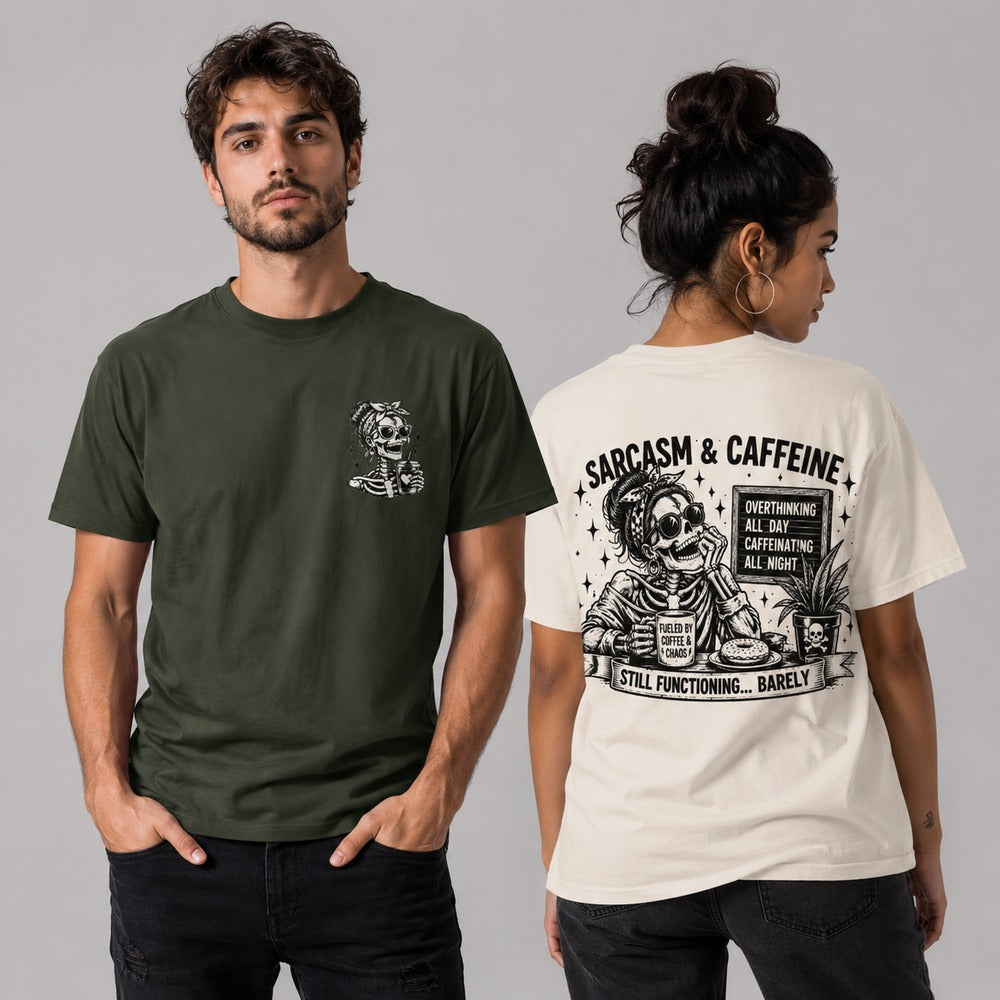 Sarcasm and Caffeine Skeleton Streetwear Graphic Tees and Hoodies