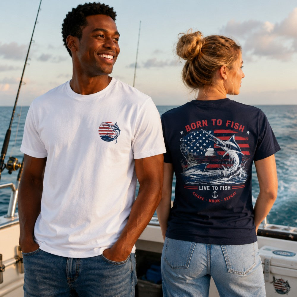 Patriotic Born To Fish Marlin Graphic Hoodies & T-Shirts