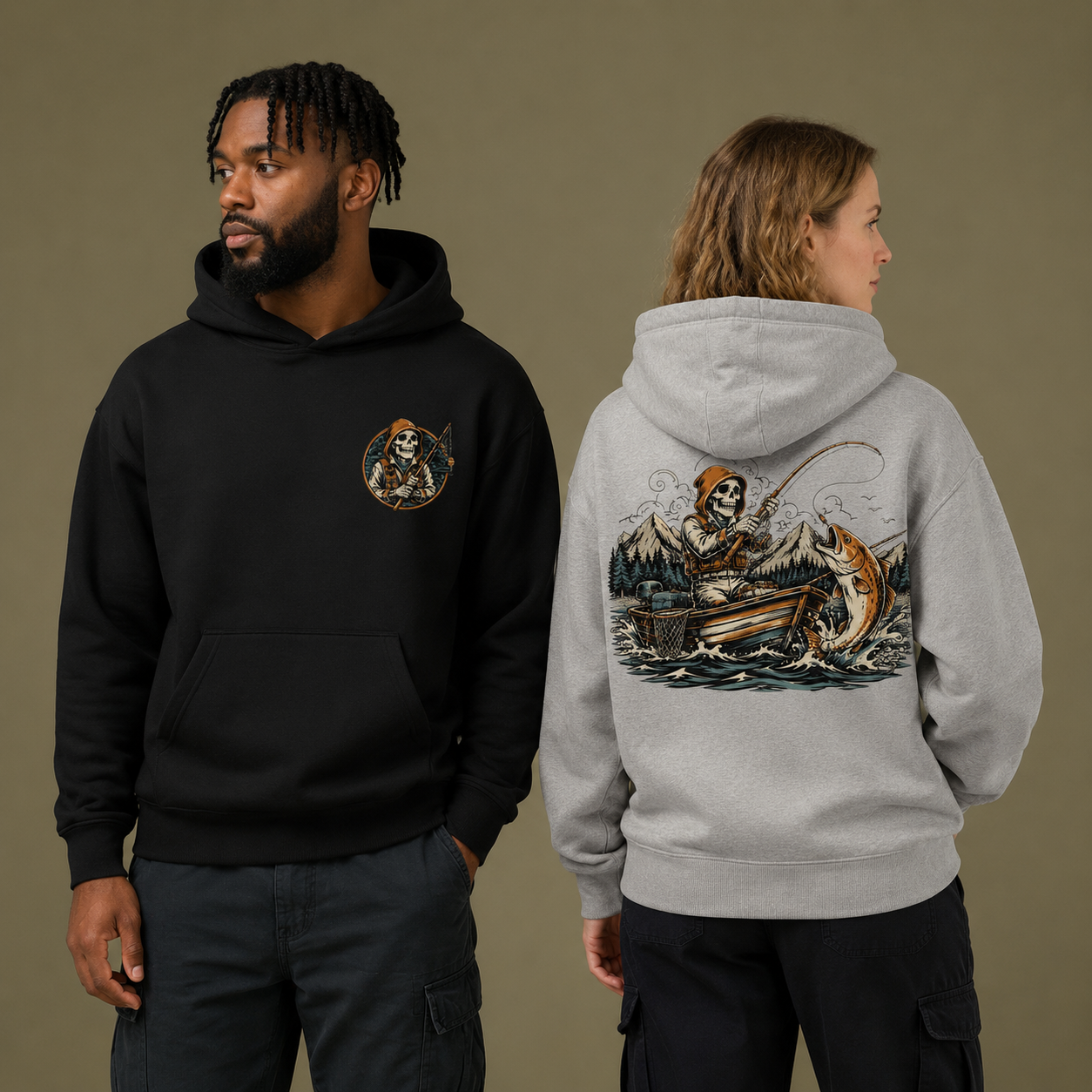 Vintage Skeleton Fisherman Graphic Apparel (T-Shirts & Hoodies)