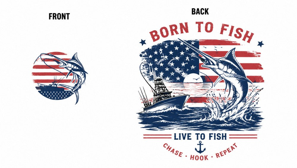 Patriotic Born To Fish Marlin Graphic Hoodies & T-Shirts