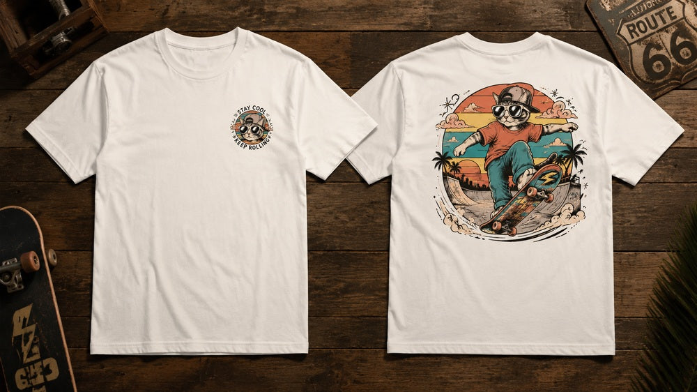 Skater Cat Stay Cool Retro Graphic Apparel Collection