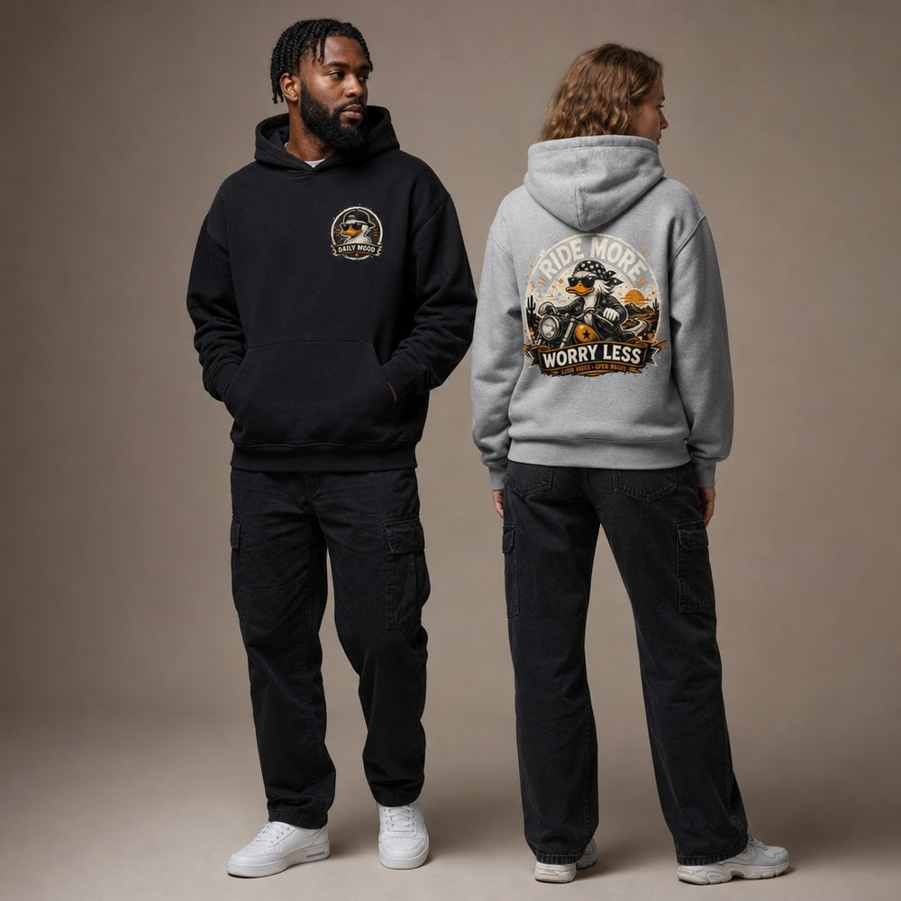 Ride More Worry Less Biker Duck Graphic Apparel Collection