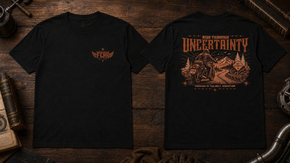 Ride Through Uncertainty Biker Graphic Apparel Collection