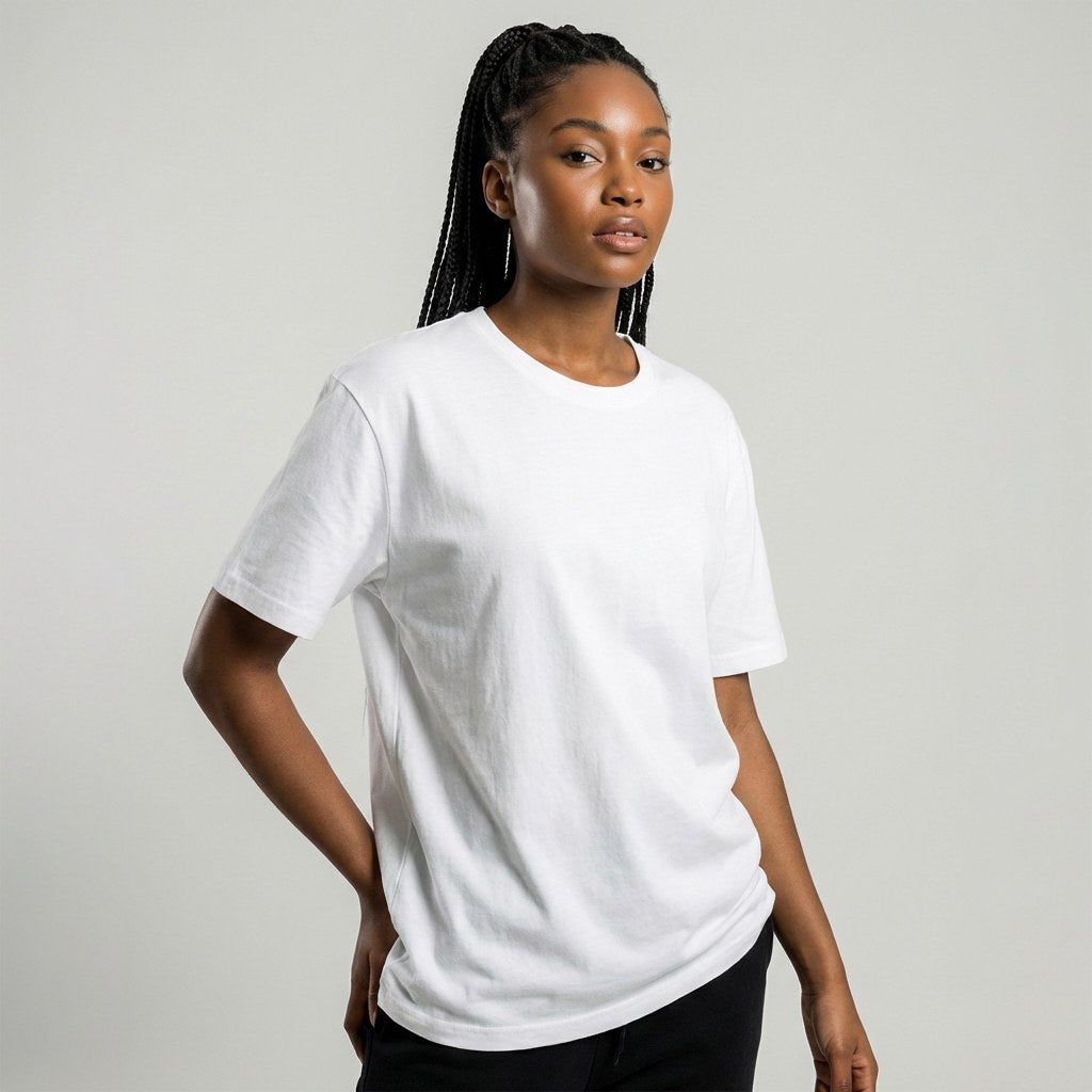Woman_wearing_blank_white_180gsm_cotton_t-shirt_ready_for_custom_printing